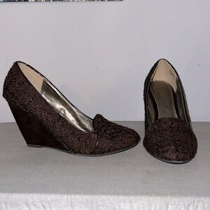 #5 Wedge shoes brown 3 1/2 inch heel tweed exterior